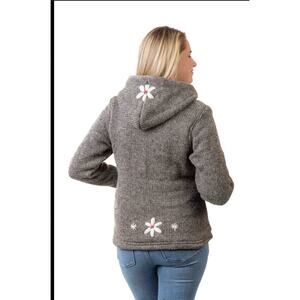 Laundromat 100% Wool Thick Gray Zip Jacket Flower Sweater Hoodie, Size Small